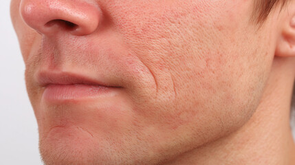 Fototapeta premium Macro detail of rough uneven male cheek texture with enlarged pores, facial hair, and visible skin imperfections, showing natural skin closeup and realistic complexion
