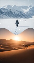 Contrasting Landscapes Snowy Mountains and Desert Dunes with Solitary Figures.