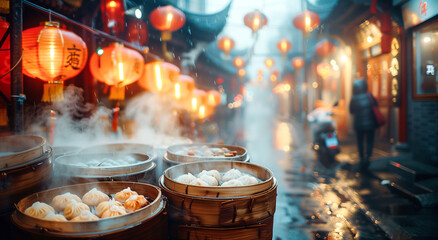 Steaming dim sum baskets on a bustling street with red lanterns