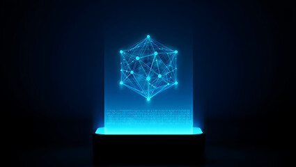 Abstract glowing blue geometric crystal hologram emanating light from a dark pedestal in a futuristic digital network