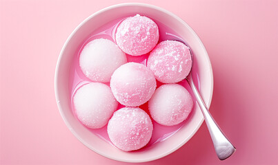 Obraz premium Sweet pink mochi balls served in a bowl of pink syrup with a spoon.