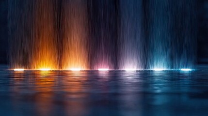 An abstract image of a waterfall with colorful streaks of light flowing into a body of water, with dramatic lighting.