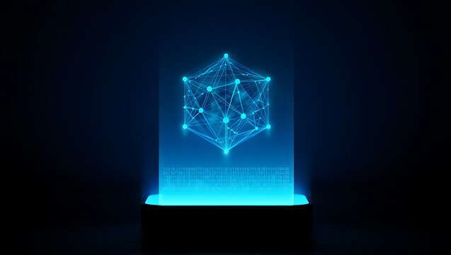 Abstract glowing blue geometric crystal hologram emanating light from a dark pedestal in a futuristic digital network