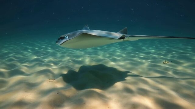 Amazing stingray swimming gracefully underwater and casting a shadow on sandy ocean floor, stingray adventure Amazing array of marine life ready for exploration