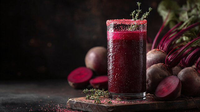 A refreshing glass of vibrant beetroot juice, garnished with herbs and surrounded by fresh beetroots