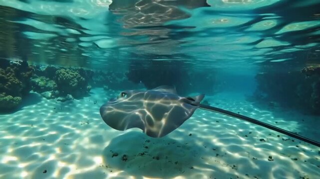 Amazing stingray swimming gracefully underwater and casting a shadow on sandy ocean floor, stingray adventure Amazing array of marine life ready for exploration