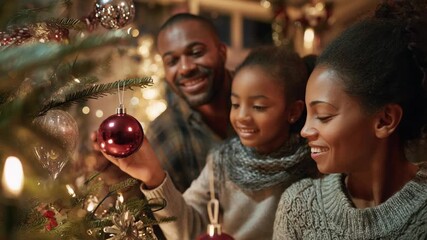 Happy african american family decorating christmas tree - Powered by Adobe
