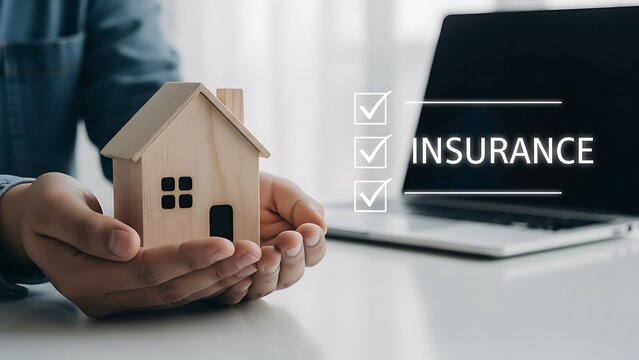 Digital home insurance policy shown with model house and laptop