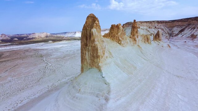 Mount Bozzhira, Mangystau. A bird's-eye view of the Ustyurt Plateau cliffs in Western Kazakhstan. Beautiful white cliffs in the vast white valley of the Mangystau region. Bozzhira Valleys. Dron.4K