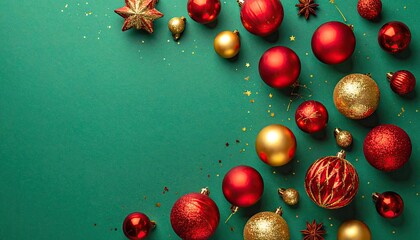 Festive Christmas ornaments in red and gold scattered on a dark green background with confetti.