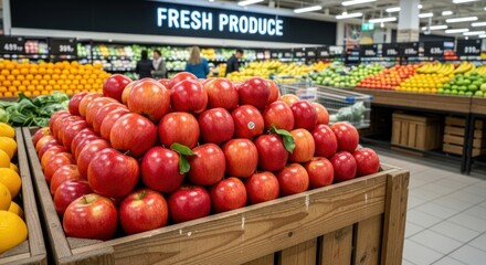 Fresh Red Apples Displayed in a Supermarket Produce Section.