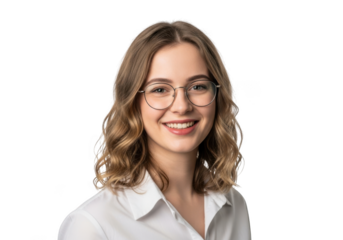Smiling young woman with wavy blonde hair and glasses wearing a white collared shirt isolated on transparent background