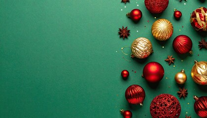 Festive Christmas ornaments and star anise scattered on a dark green background.