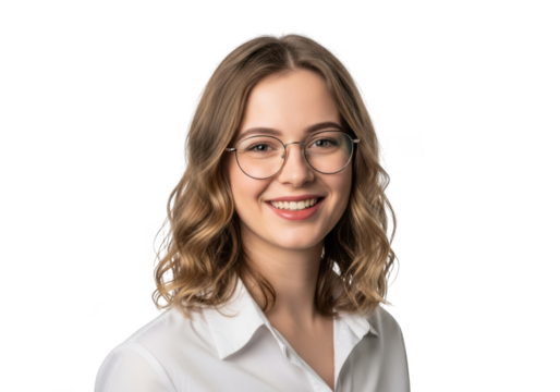 Smiling young woman with wavy blonde hair and glasses wearing a white collared shirt isolated on transparent background