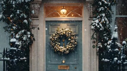 Elegant christmas wreath on a snowy front door - Powered by Adobe