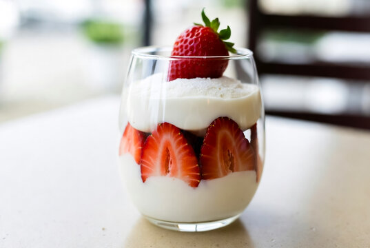 A bright, multi-layer dessert featuring creamy yogurt and fresh strawberry slices, topped with a whole berry. This inviting parfait is perfect for breakfast, dessert, or a light family treat.