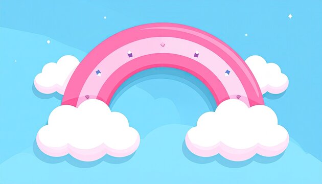 Pixel art pink rainbow with white clouds and blue sky background with small stars and glitter accents - Powered by Adobe