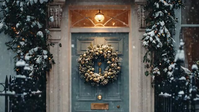 Elegant christmas wreath on a snowy front door