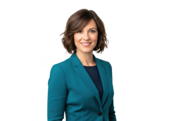 Professional woman in teal blazer smiling confidently isolated on transparent background