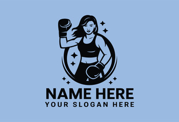 powerful female boxer silhouette logo design featuring strong athletic stance perfect for sports branding gym identity apparel graphics fitness marketing materials motivational posters and dynamic