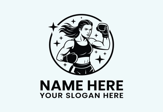 powerful female boxer silhouette logo design in bold minimalist style ideal for boxing clubs personal training studios sports product packaging fitness event promotions and modern branding assets