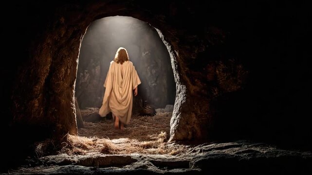 Jesus christ walking out of the tomb on easter morning
