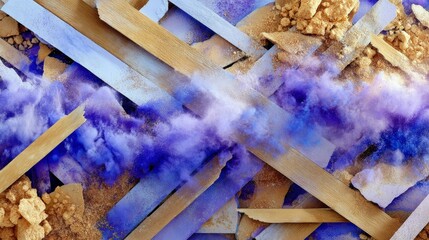 An abstract composition featuring wooden planks, powder, and dust arranged in a colorful and dynamic display. The image captures a sense of movement and texture