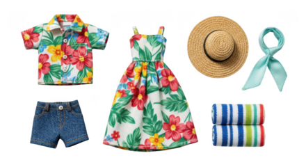 Tropical summer clothing and accessories outfit flat lay isolated on transparent background