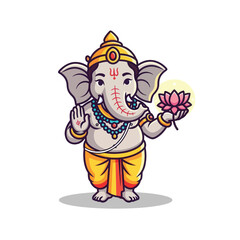 Naklejka premium Adorable Ganesha cartoon character holding lotus flower for Diwali festival celebrations and Hindu cultural events with modern design elements