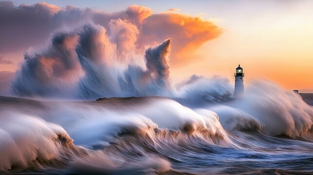 Dramatic view of large ocean waves crashing against a lighthouse at sunset. The sky is filled with colorful clouds.