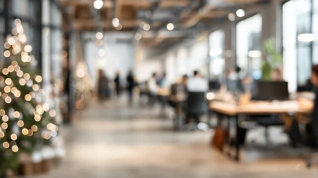 Blurred modern coworking office with christmas tree