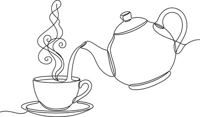 Continuous One Line Drawing Vector Illustration of Hot Tea Poured from Teapot into Steaming Cup and Saucer