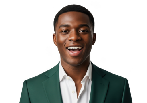 Young black man wearing a green suit jacket and white shirt smiling widely isolated on transparent background