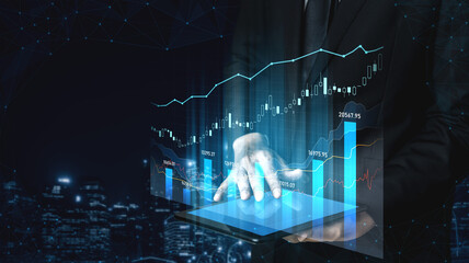 Professional examines financial data on a tablet while futuristic graphics illustrate growth trends, offering insights into business strategy against a modern city backdrop. Scalp