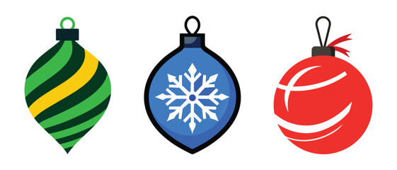 Set of Christmas decorations featuring festive ornaments in classic styles.