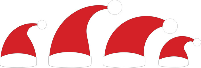 Set of different classic Santa hats in various festive styles on white background.