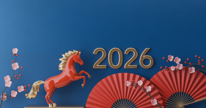 Year of the Horse 2026 red horse with gold numbers Chinese New Year celebration concept on blue background