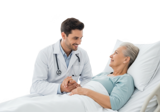 Caring physician comforting elderly patient in hospital bed with gentle smile and reassuring touch isolated on transparent background