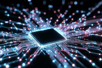The Heart of Technology: A close-up view of a high-tech central processing unit (CPU), radiating with electric circuits, creating an abstract and dynamic illustration of technology.