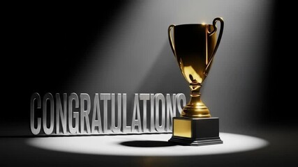 Golden Trophy and Congratulations Text in Spotlight - Achievement and Success Cinematic Visuals