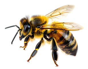 Honeybee flying, macro shot, isolated on black