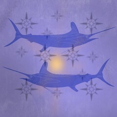 White Marlin print with sun and compass, purple background.