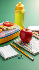 Healthy School Lunch and Supplies on Green Background