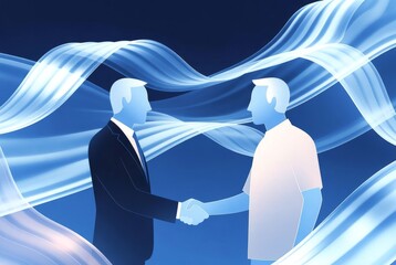 Business Deal: Illustrative image of two professionals in silhouettes shaking hands, symbolizing agreement and partnership. Against a backdrop of flowing abstract shapes.