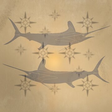 Marlin print with sun and compass, vintage background.