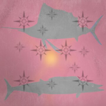 Untitled Artwork Sailfish and Wahoo print with sun and compass, red background.
