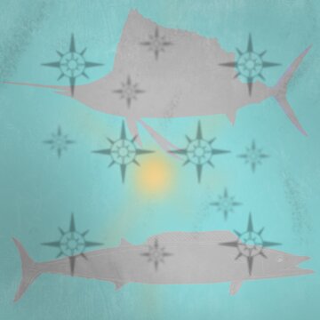 Untitled Artwork Sailfish and Wahoo print with sun and compass, turquoise background.