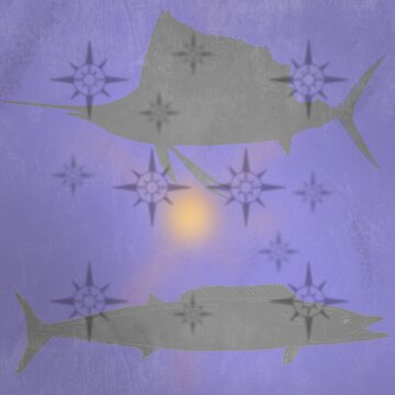 Sailfish and Wahoo print with sun and compass, purple background.