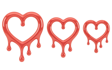 Three red dripping heart shapes with glossy texture isolated on transparent background