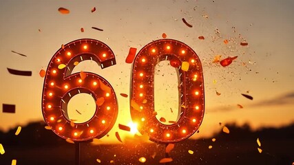 Brightly lit number 60 with sparkling confetti against a sunset background. Celebratory atmosphere for a milestone birthday or anniversary.